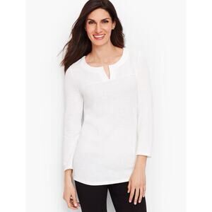 T by Talbots Textured Split-Neck Cotton Tunic Top Size M Solid White Old Money